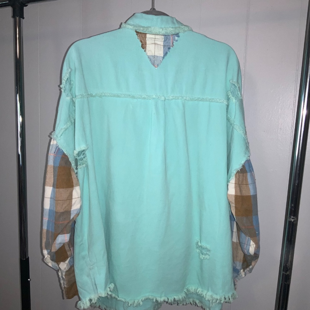 Pol Aqua Plaid Button Front Patchwork Shacket Sz … - image 4